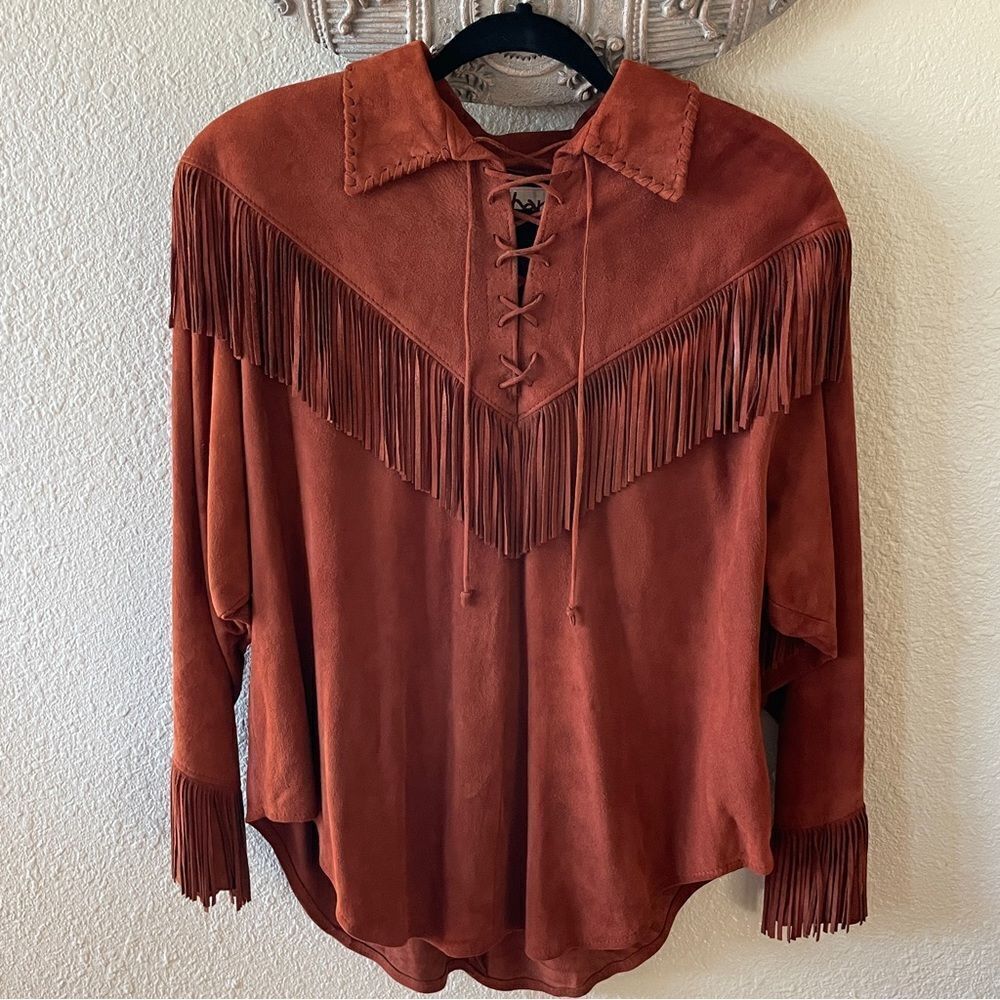 Vintage Rare Char Suede Leather Fringed Jacket Top With Shoulder Pads Brown Med